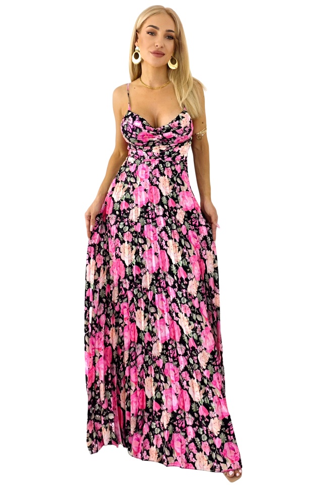Rochie lunga plisata NYSA, cupe buretate si legare spate, Negru/ROZ, Marime S/M