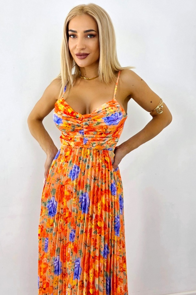 Rochie lunga plisata NYSA, cupe buretate si legare spate, Portocaliu, Marime S/M