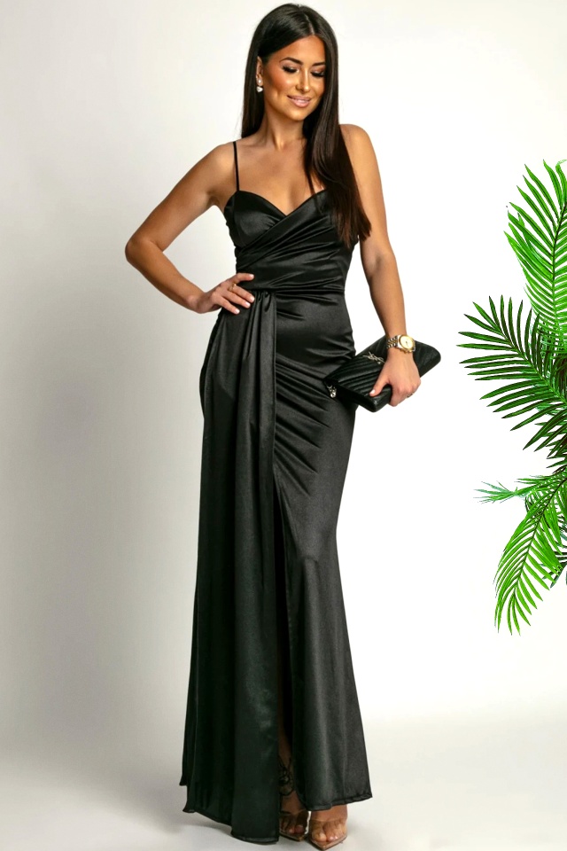 Rochie lunga satinata, OLyna, cu crapatura pe picior si fald, Negru, Marime S/M