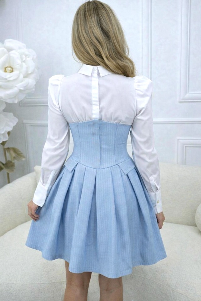 Rochie office tip camasa TOMYNA, bumbac si brosa inclusa, Baby Blue, Marime S/M