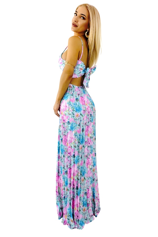 Rochie plisata de zi NYSA, cu funda la spate, BLUE/ROZ, Marime S/M
