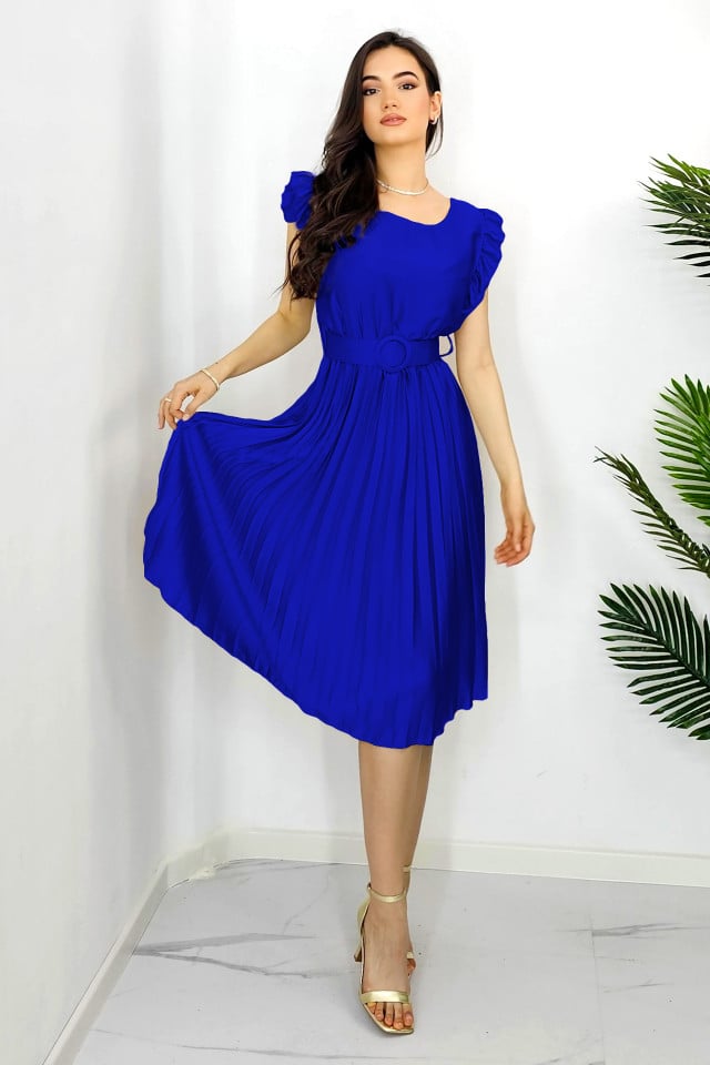 Rochie plisata midi, Elenor, cu volanase si curea asortata, Albastru indigo, Marime universala S/M