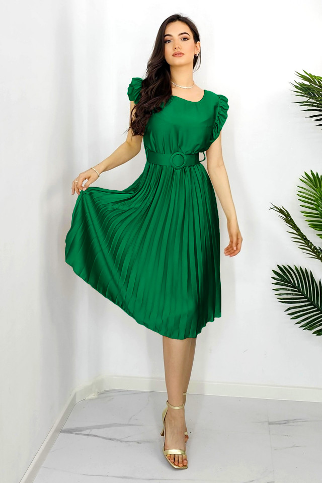 Rochie plisata midi, Elenor, cu volanase si curea asortata, Verde smarald, Marime universala S/M