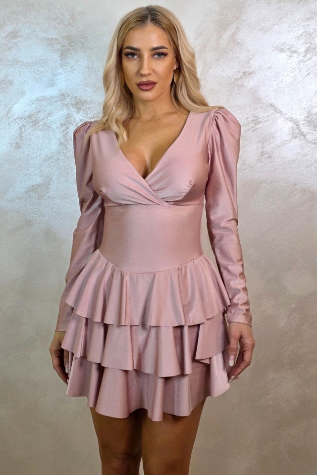Rochie satinata Claire, cu volane si maneci lungi, bufante, Roze, Marime universala S/M