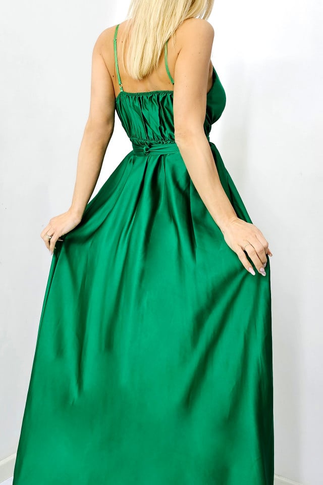 Rochie satinata Jhade, croiala decupata, cordon si bretele subtiri, Verde inchis, Marime S/M