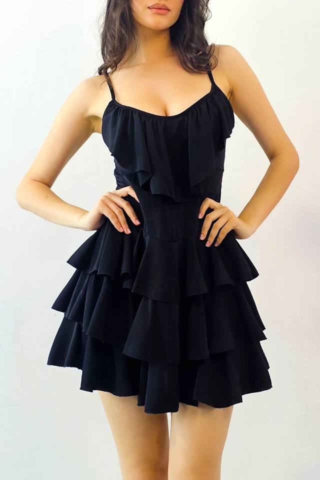 Rochie scurta AUGUSTina, babydoll cu volane asimetrice, Negru, Marime S/M