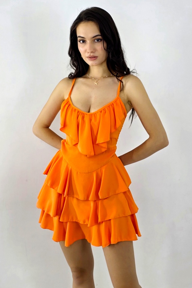 Rochie scurta AUGUSTina, babydoll cu volane asimetrice, Orange, Marime S/M