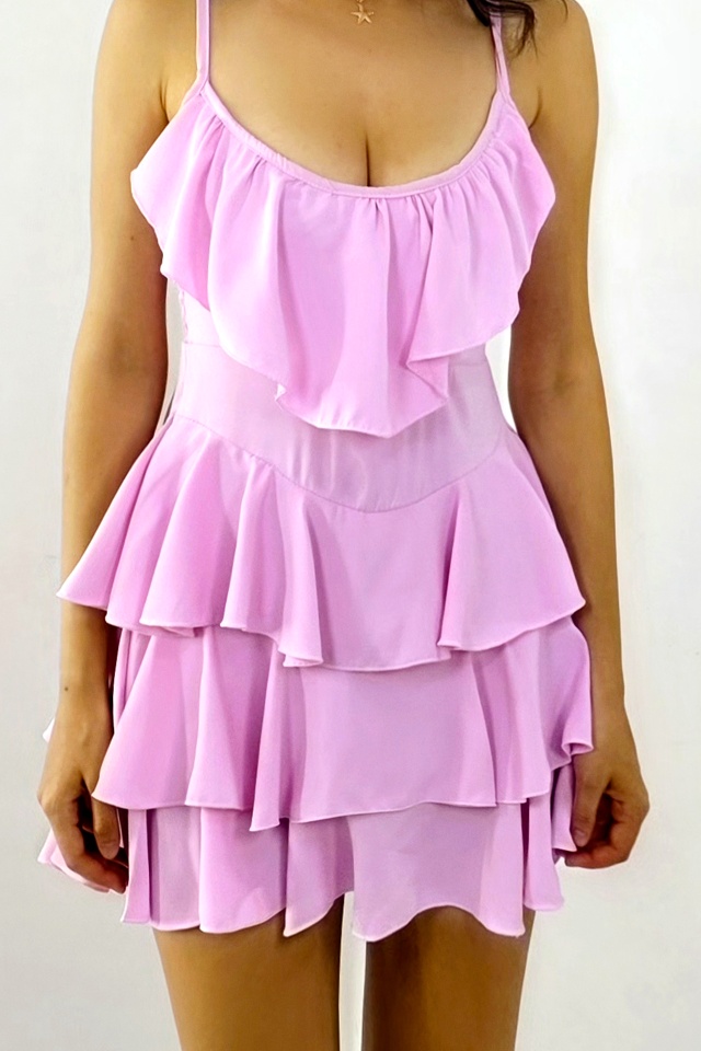 Rochie scurta AUGUSTina, babydoll cu volane asimetrice, ROZ, Marime S/M