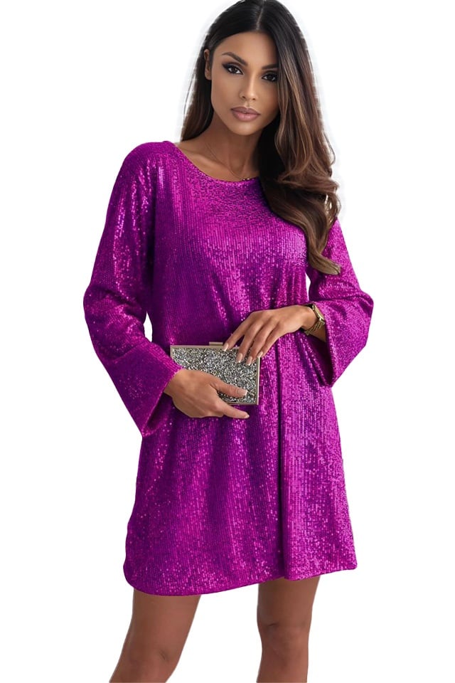 Rochie scurta cu paiete TizHea si funda oversize la spate, Lila, Marime S/M