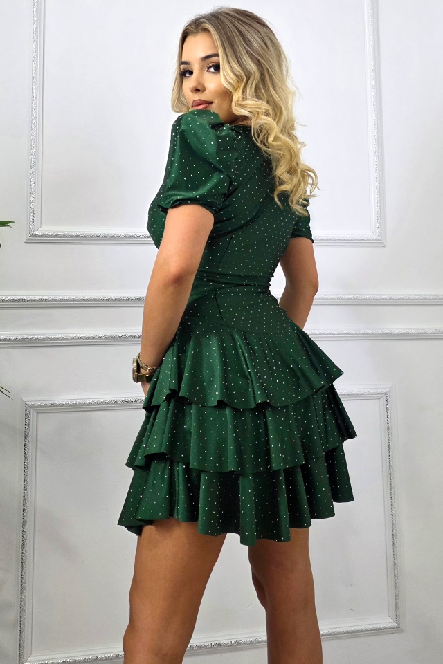 Rochie scurta de ocazie NAYABI, cu volane si cristale, Verde inchis, Marime S/M