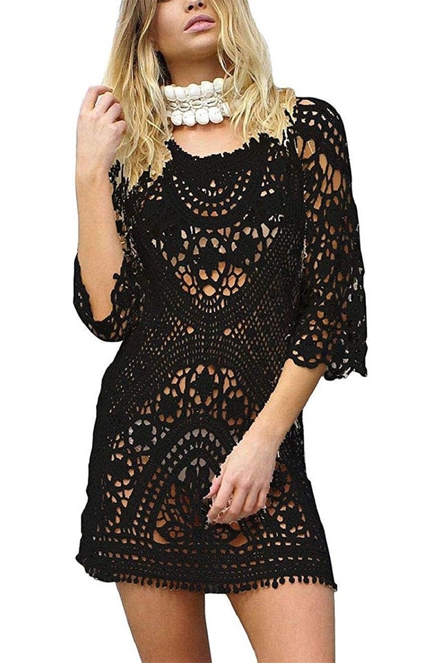 Rochie scurta de plaja Solva, aspect crosetat cu maneca trei sferturi, NEGRU, Marime S/M