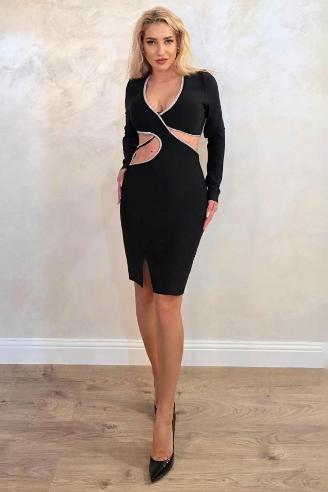 Rochie scurta, decupata LYONA, cu pietre artizanale, Negru, Marime S/M