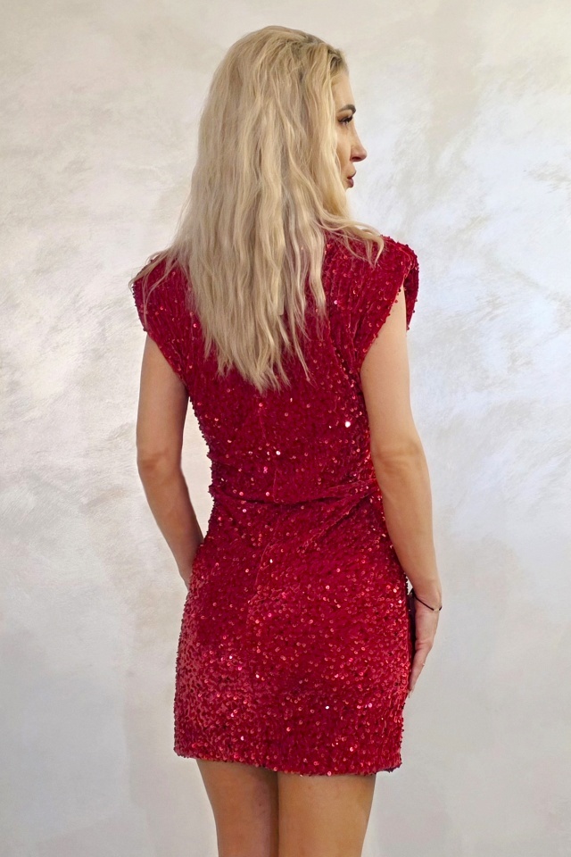 Rochie scurta YsabeLL, cu paiete si umerii supradimensionati, Rosu intens, Marime S/M