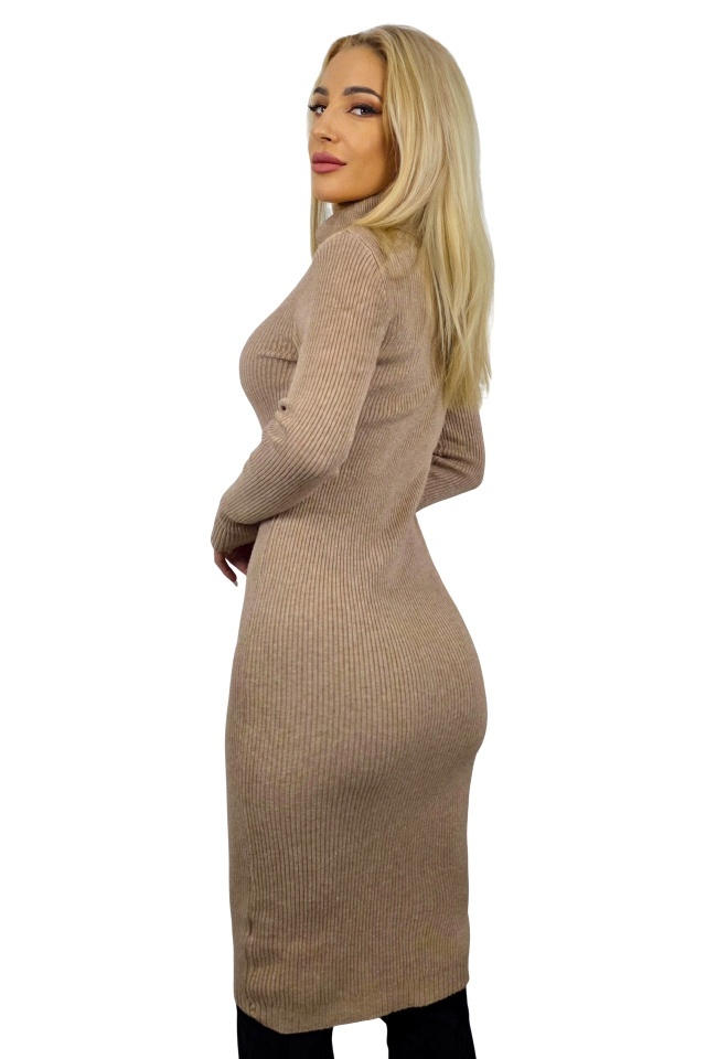 Rochie tricotata Giulietta, bodycon, material texturat cu guler rulat, Bej, Marime S/M