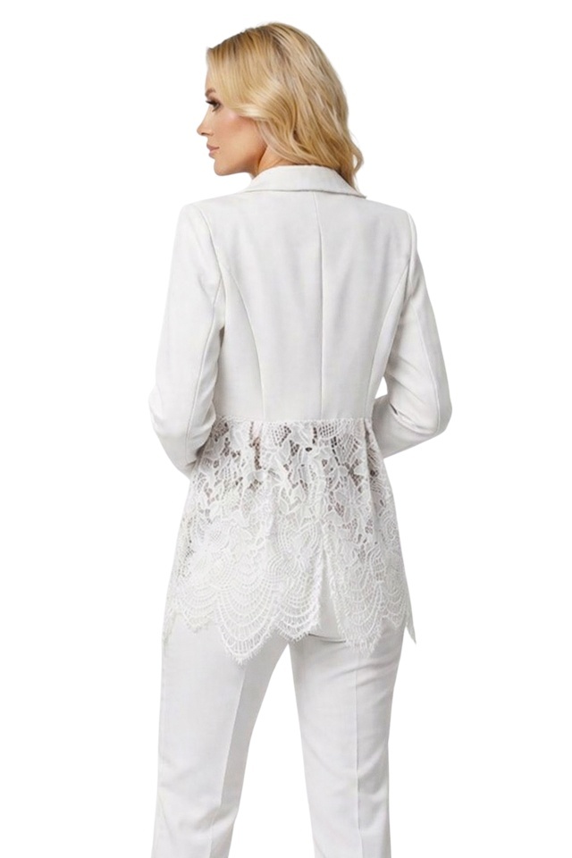 Sacou cambrat, de ocazie, Roselle, cu panou asimetric din dantela, Alb, Marime S/M