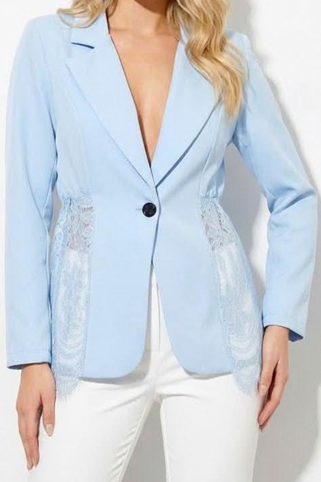 Sacou elegant Roselle, cu panou asimetric din dantela, Blue, Marime S/M