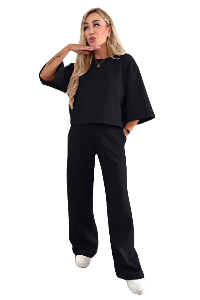 Set casual-elegant Noemia, cu bluza oversize si pantaloni lejeri pe banda elastica, Negru