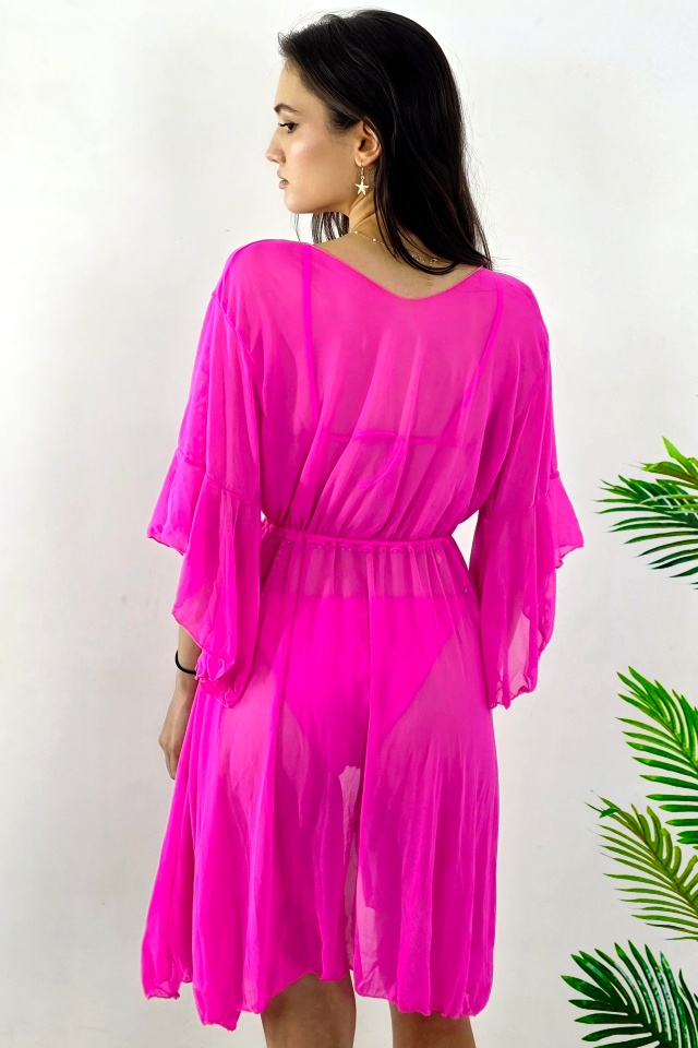 Set de plaja trei piese NaLLa-Zeny, cardigan si costum de baie cu paiete, Fucsia - 2 | YEO