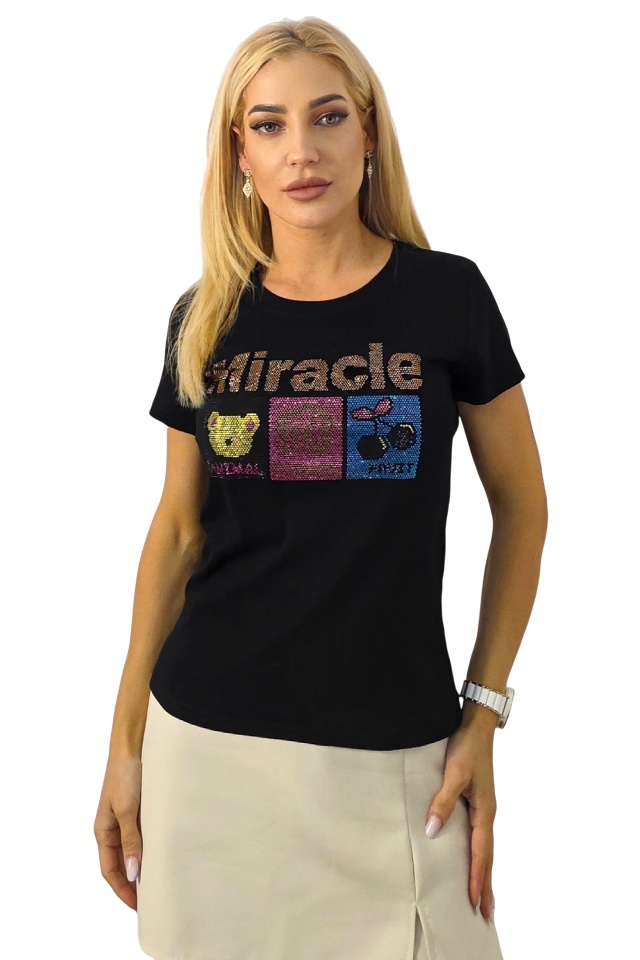 Tricou bumbac NOREA, cu paiete, MIRACLE Negru
