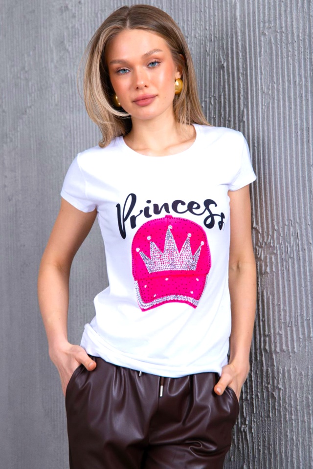 Tricou dama Graphic Story, cu imprimeu realist si paiete stralucitoare, Hat Princess