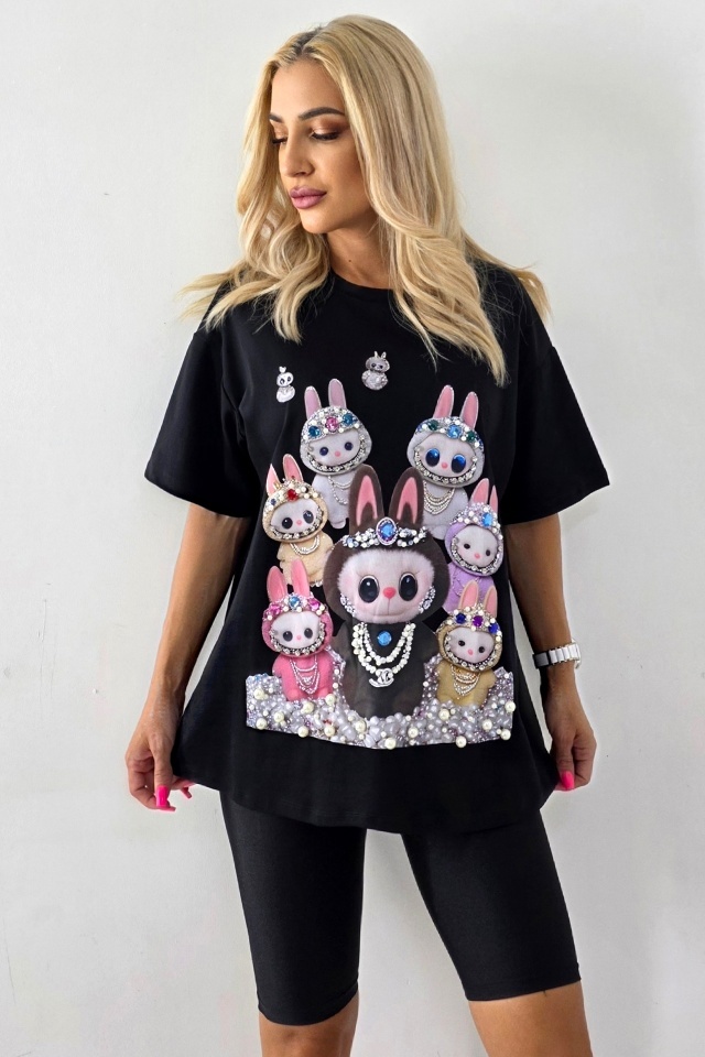 Tricou lung imprimat La BuBu, cu perle si cristale colorate, Negru, Marime S/M/L - 3 | YEO