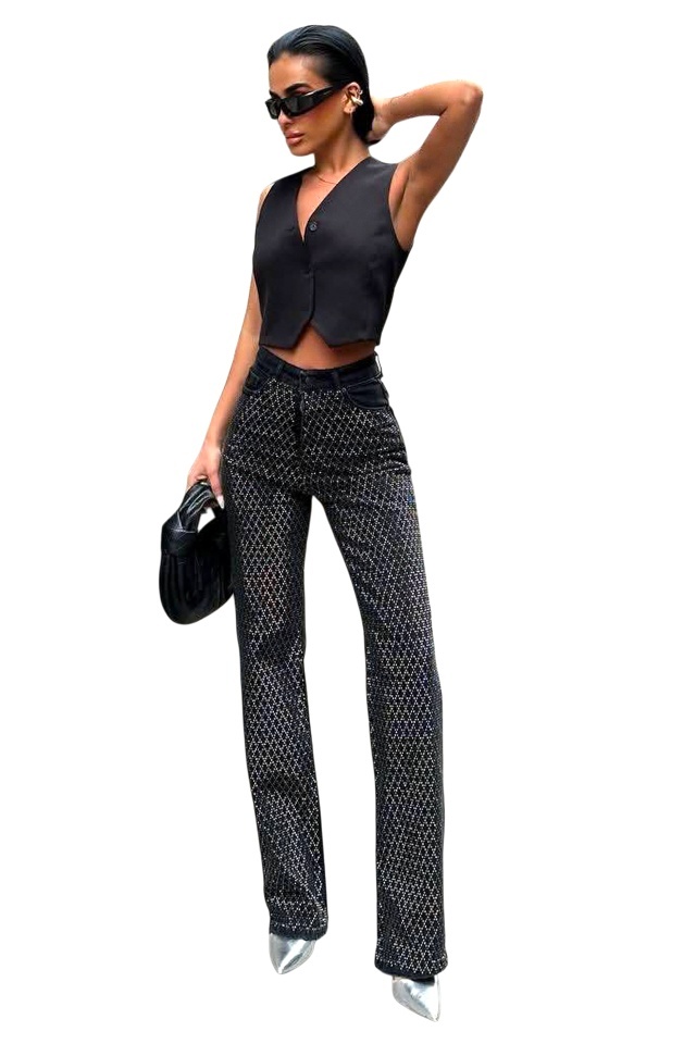 Blugi dama Stone Crystal, croiala wide leg cu elastan si paiete, Negru