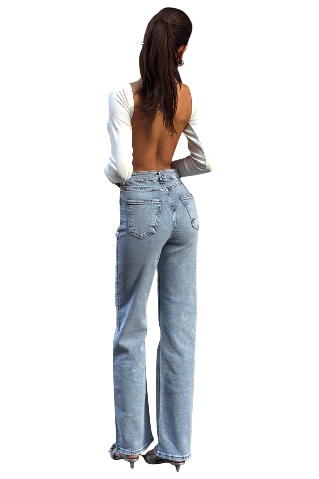 Blugi dama Stone Crystal, croiala wide leg cu elastan si paiete, Albastru zapada