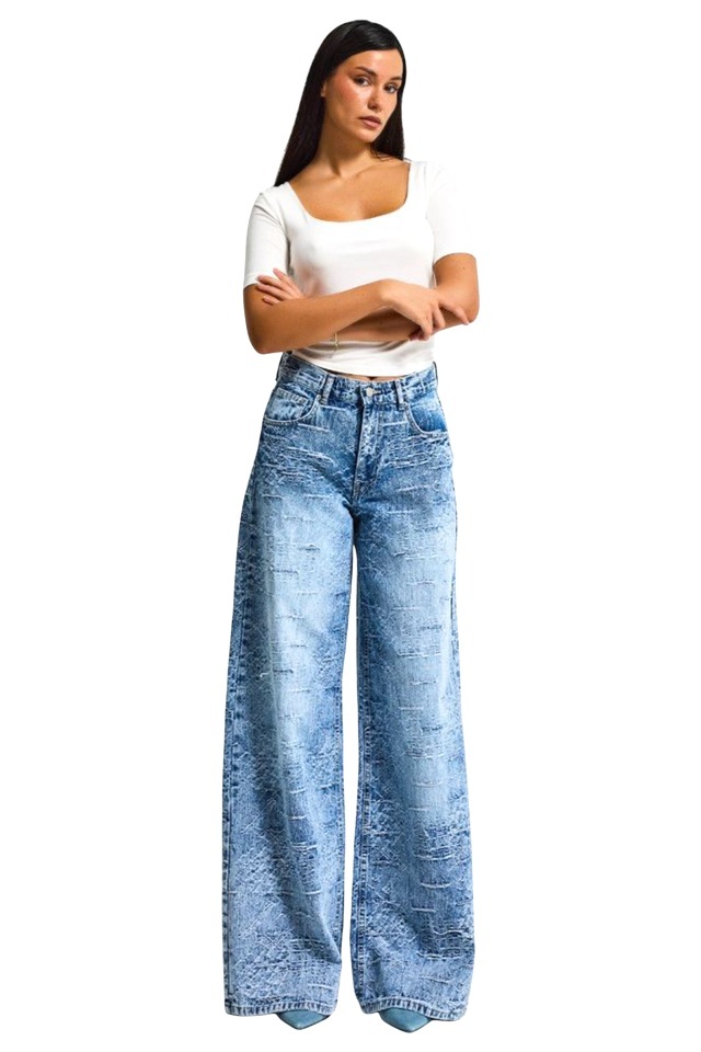 Blugi imprimeu presat ICE GLACYA, loose fit cu buzunare, Albastru prespalat