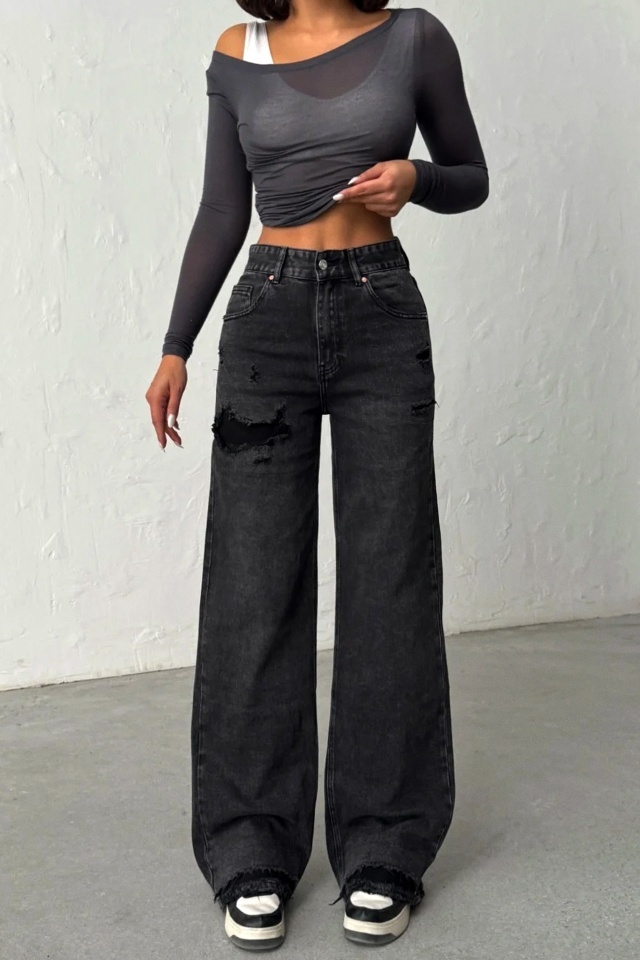 Blugi wide leg cu elastan, MYLANO si perforatii, Negru Antracit