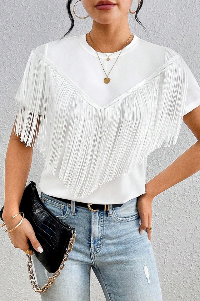 Bluza casual Fringe Chic Tee, cu lungime medie si franjuri asimetrici, Alb