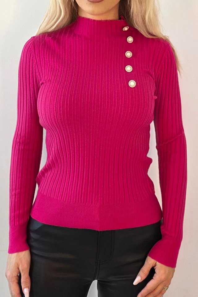 Bluza de dama ELORIA, cu guler inalt si nasturi perlati, Fucsia