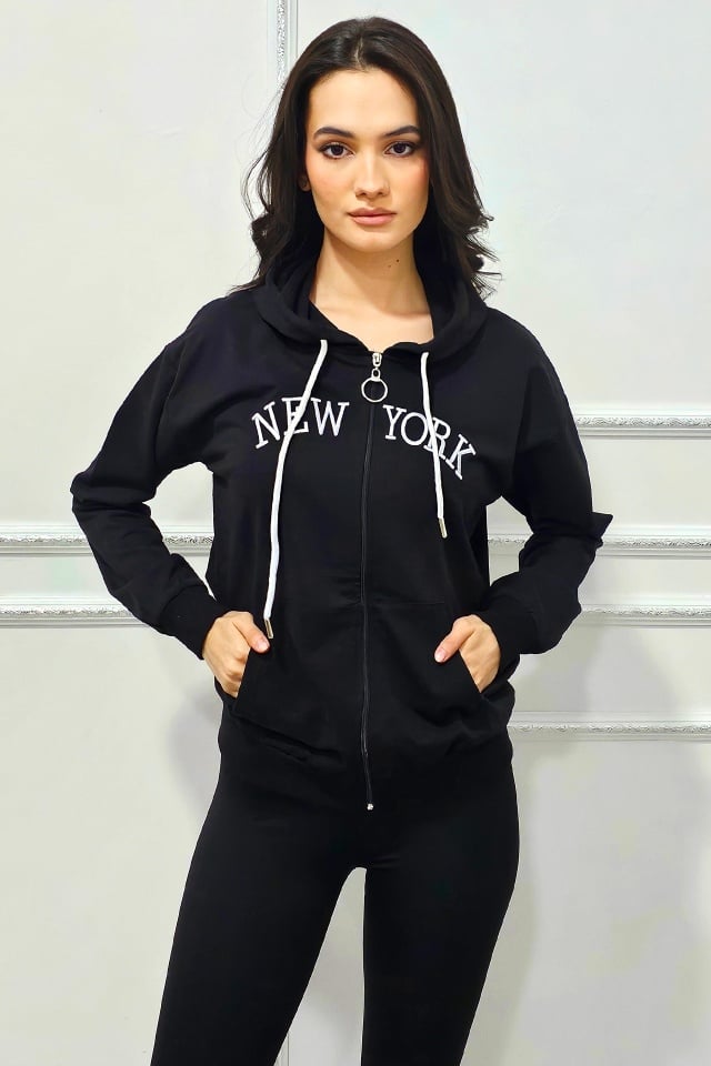 Bluza de trening AMYR in New York, cu gluga si fermoar, Negru