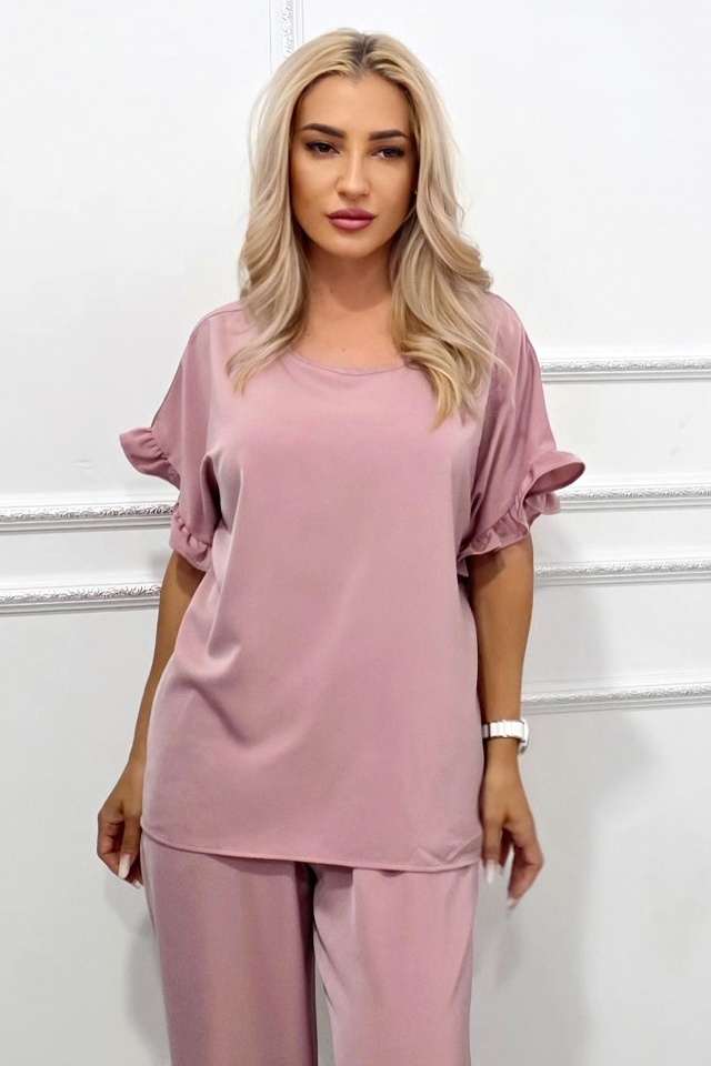 Bluza vaporoasa NORYA, cu maneca scurta si volane, Roz pudrat - 2 | YEO