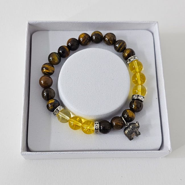 Brățară Amethyst Tiger Eye & Citrine, din pietre semiprețioase si charm elefant, in cutie cadou