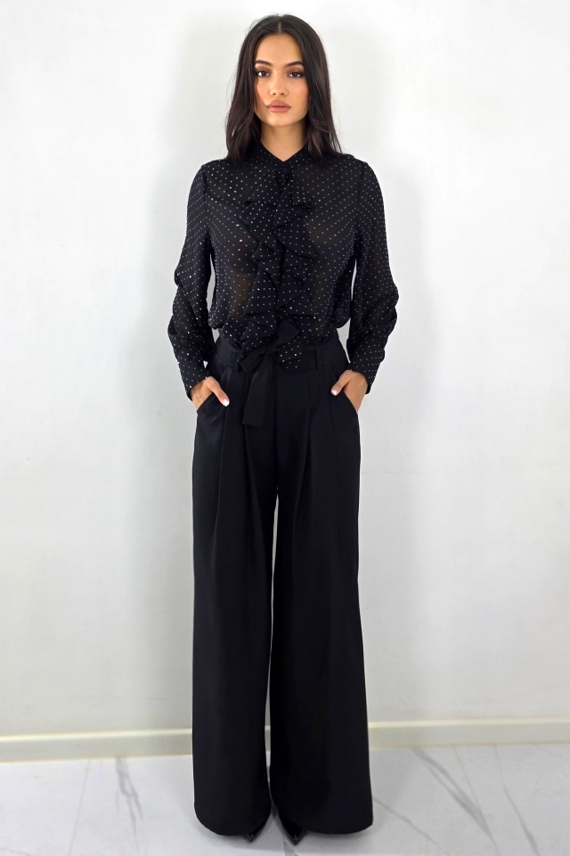 Camasa eleganta cu volane, Daliah si imprimeu buline, Negru, Marime S/M