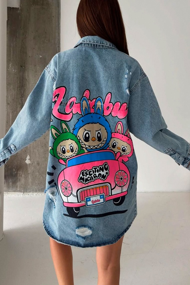 Camasa lunga denim perforat Tunik, imprimeu cu grafica realista si cromatica dinamica, La BUBU Macaron - 2 | YEO