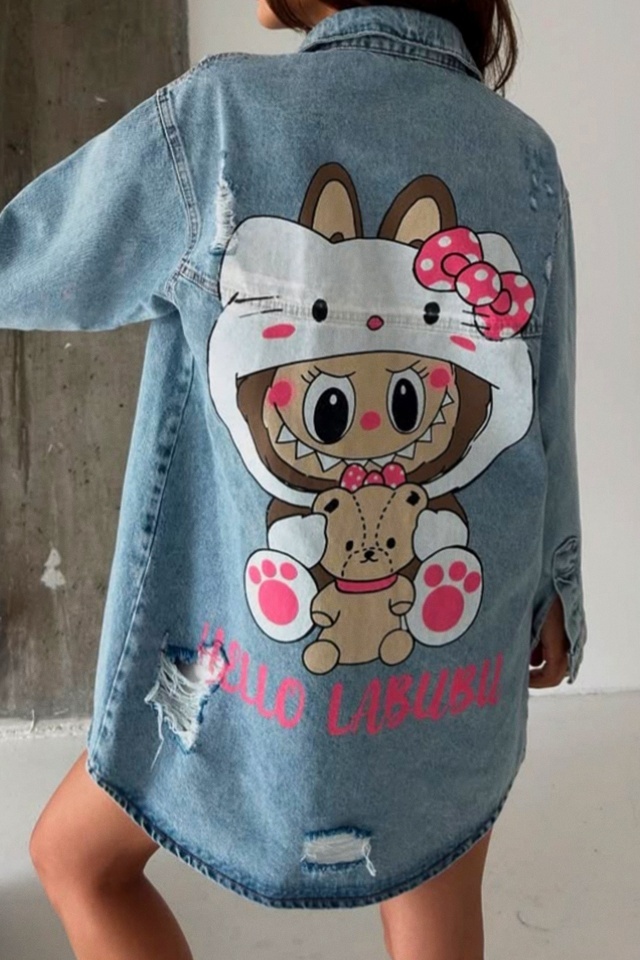 Camasa lunga denim perforat Tunik, imprimeu cu grafica realista si cromatica dinamica, HeLLo La BUBU - 2 | YEO