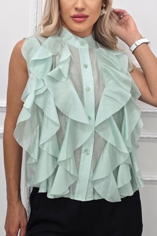 Camasa office cu volanase, din lyocell NIVA, Verde Menta, Marime S/M - 3 | YEO