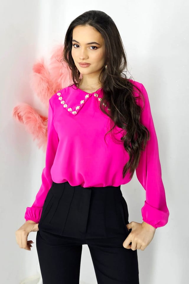 Camasa vaporoasa Katinka, croiala medie si revere cu aplicatii florale din perle, Fucsia, Marime S/M/L - 1 | YEO