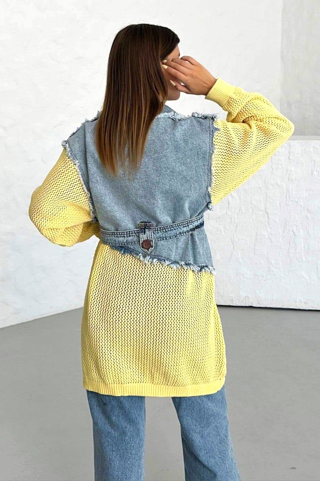 Cardigan lung Violeta, din tricot cu denim si cordon asortat, Galben - 3 | YEO