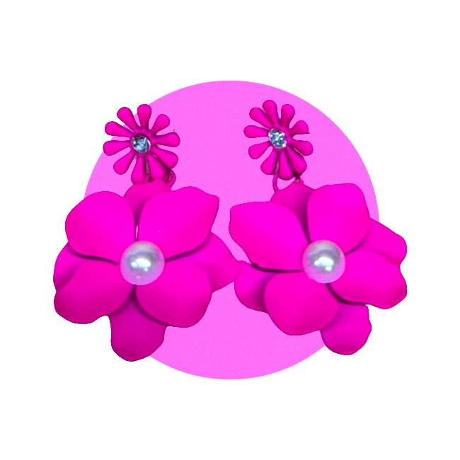 Cercei lungi Theona, design floral, cu tija si pietre artizanale, Fucsia - 2 | YEO