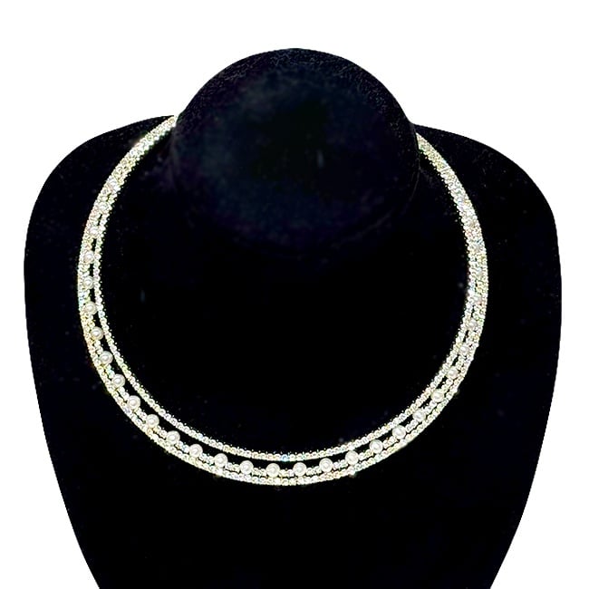 Colier cerc ChoKer rigid 3MOND, cu perle mici artizanale, Argintiu - 2 | YEO