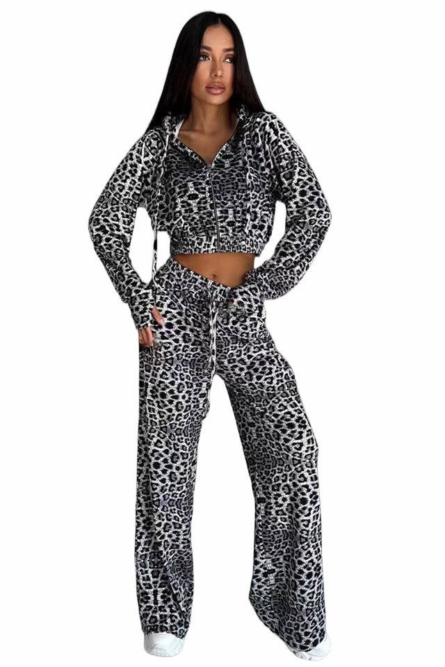 Compleu casual catifea, Savage, pantaloni largi si hanorac cu fermoar, Negru Leopard