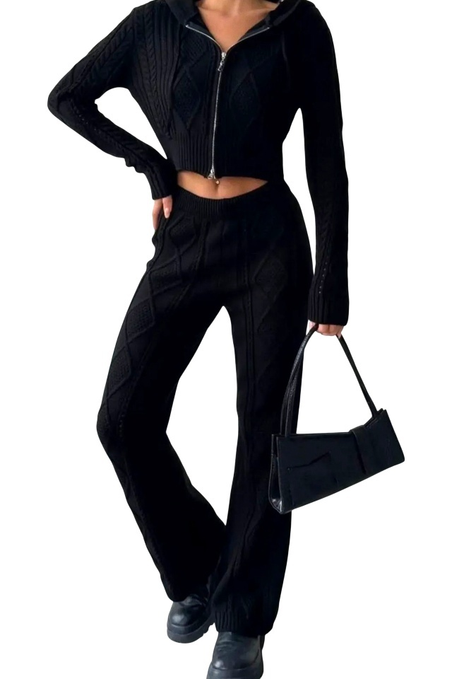 Compleu casual din tricot TOREN, bluza scurta cu fermoar si pantaloni, Negru, Marime S/M