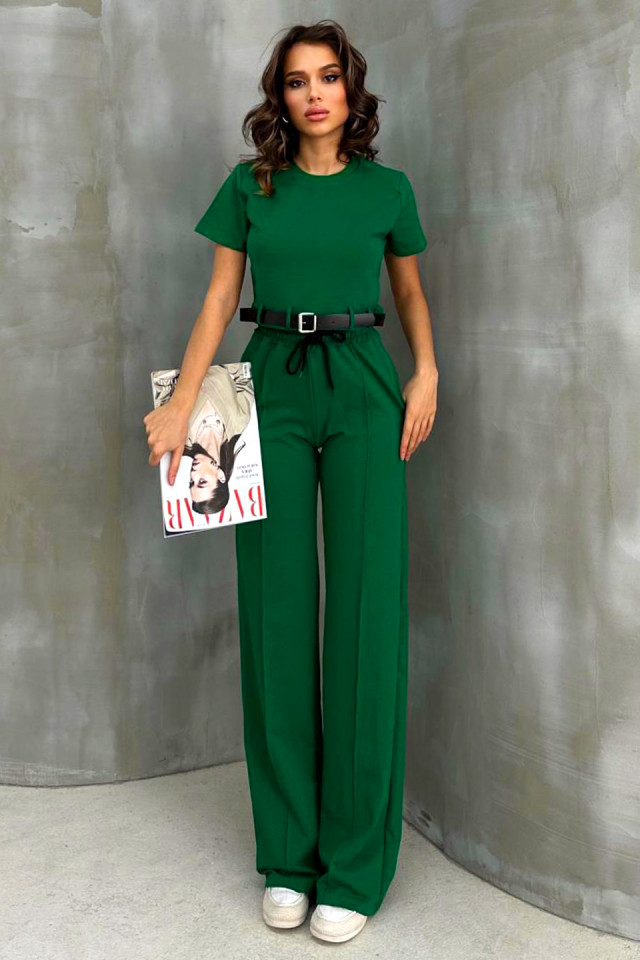 Compleu casual Kaliana, cu tricou scurt, curea si pantaloni cu nervura, Verde