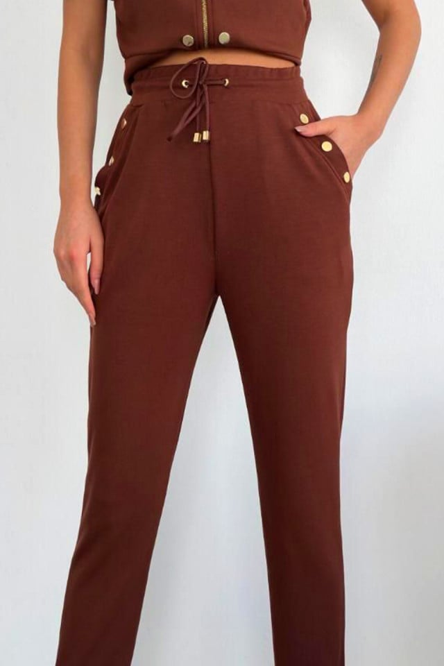 Compleu casual NonCom, bluza lejera cu maneca scurta si pantaloni cu snur, Maro - 2 | YEO