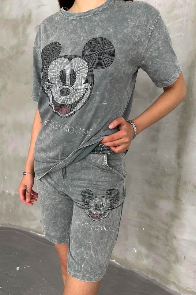 Compleu casual RUDY, pantaloni scurti si tricou cu paiete, Gri Mickey - 2 | YEO