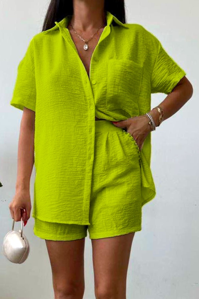 Compleu cu bumbac creponat, Jolin, camasa si pantaloni scurti cu pense, Verde olive - 2 | YEO