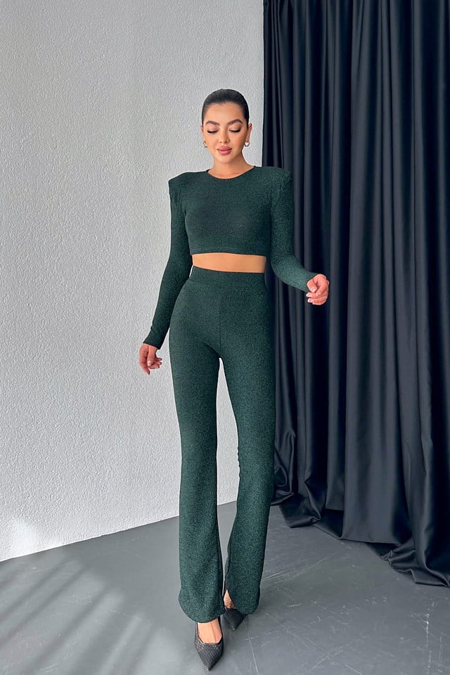 Compleu de ocazie, Vayana, bluza crop cu umeri supradimensionati si pantaloni evazati, Verde - 2 | YEO