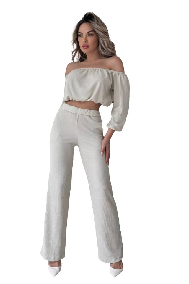 Compleu elegant Alegria, bluza crop cu decolteu elastic pe umeri si pantaloni reiati, evazati, Crem - 2 | YEO